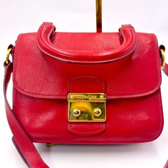 Auth Miu Miu Top Handle Red Leather 2way Crossbody Madras Handbag Preloved Purse - Picture 6 of 16